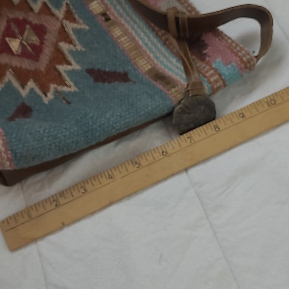 Catchfly Studio Aztec Rug Southwest Beaded Boho Aqua Brown Leather Crossbody Bag - Picture 11 of 12